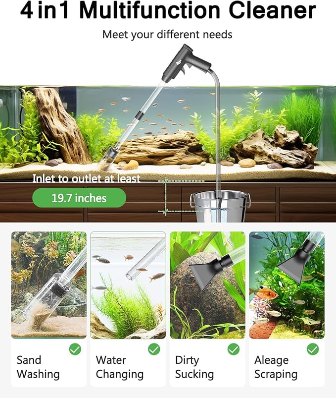 AQQA Aquarium Gravel Cleaner, 4-in-1 Upgrade Suction Power Manual Fish Tank Gravel Vacuum Cleaner Tools for Aquarium Water Changer with Water Flow Adjustment Use for Fish Tank Cleaning Gravel Sand