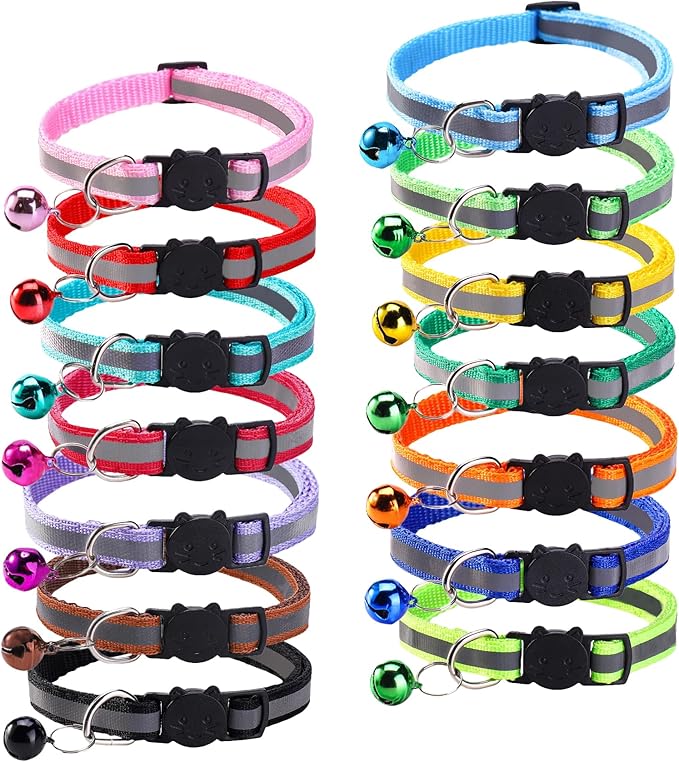14 Pack Breakaway Cat Collar with Bell, Reflective Kitten Collar for Girl Boy Cats, Safety Buckle Adjustable 7.5-12.5 Inch, 0.4 Inch Width Lightweight, Pet Gifts (Multi-Colored)