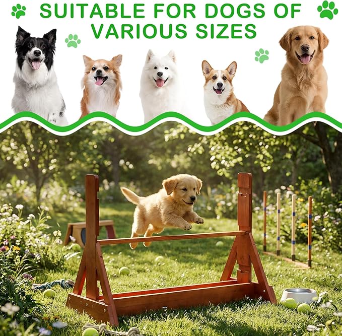 Leinuosen Wooden Dog Agility Jump for Professional Training, Stable Indoor & Backyard Obedience Training Jump with Adjustable Height, Solid Pine Dog Agility Equipment for Puppies and Adult Dogs