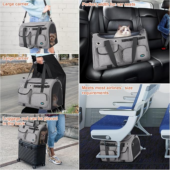 Ownpets TSA Airline Approved Large Pet Carrier, Soft Sided Cat Dog Carrier for Small Pets, Underseat, Waterproof, Foldable for Medium Big Cats 20 lbs+ & 2 Kittens/Puppies (17.7"x11.8"x12.2")