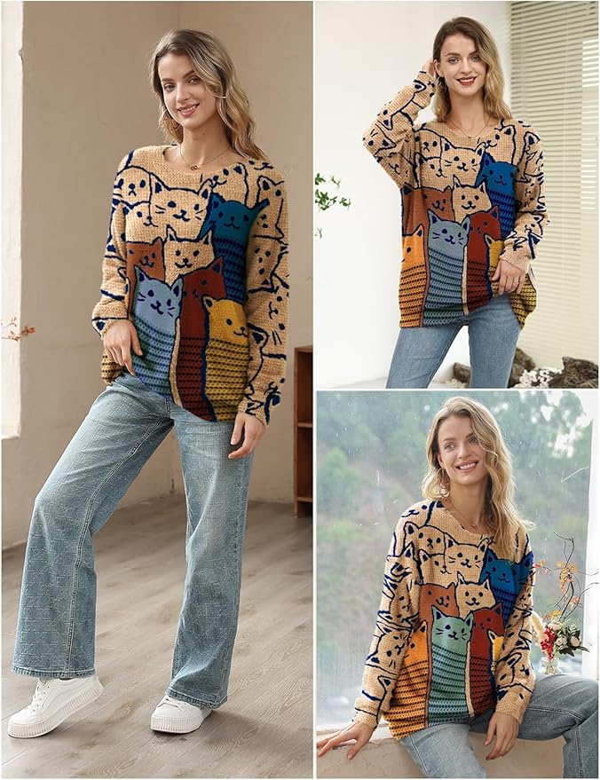 YESNO Women Christmas Sweater Graphic Printed Oversized Pullover Sweaters Casual Loose Knit Tops S01