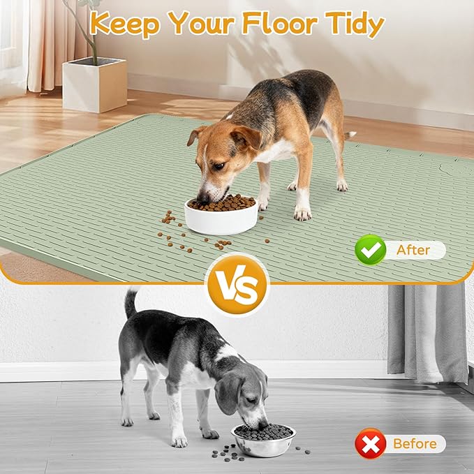 Lanstics Dog Food Mat, 40" x 28" Large Silicone Mat Dog Feeding Mat with Raised Edge Non-Slip Pet Feeding Mat for Food and Water Bowl, Easy to Clean, Floor Protection (Green)