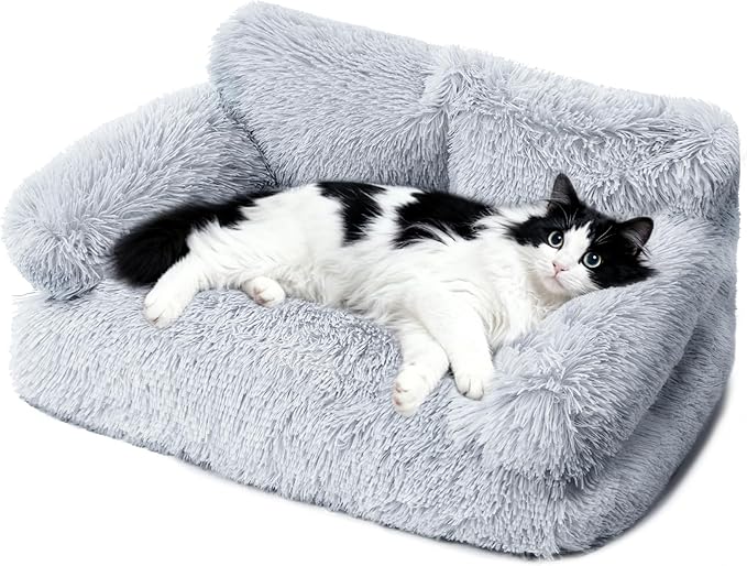Large Cat Beds for Indoor Cats, Dog Couch Bed, Cute Cat Couch Sofas for Less 20lbs Kitten Puppy, Small Dog Sofas & Chairs with Removable Washable Cover, Warm Pet Furniture, Plush Light Grey