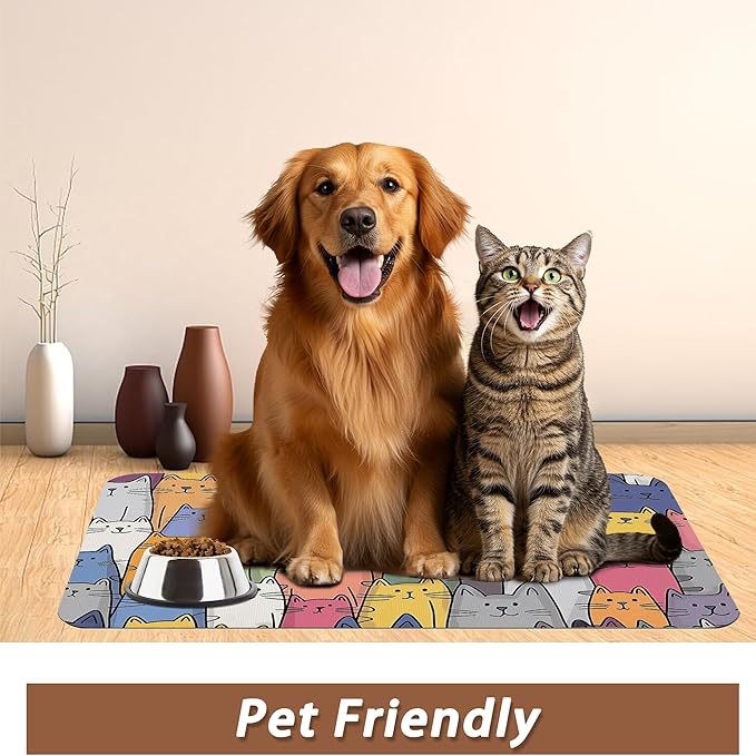 Funny Cats Family Dog Cat Food Mat,Absorbent Pet Feeding Mat for Food and Water,Non-Slip Dog Bowl Mats Floor Protector 12"x20"