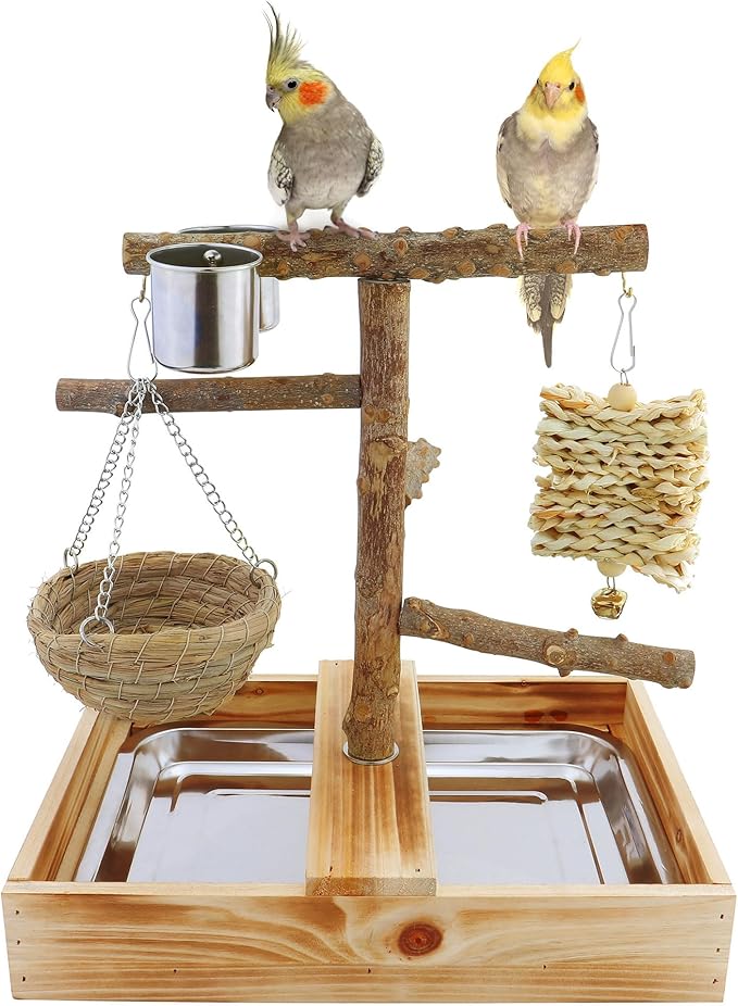 Mogoko Natural Bird Perches Playground, Cage Accessories, Toys Playground for Birds, Bird Perch Stand Parrot Stand, Includes 2 Stainless Steel Cups and Removable Tray