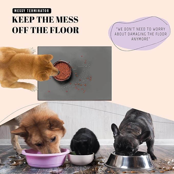 AVERYDAY 100% Waterproof Thicker Silicone Dog Food Mat, 0.63'' Raised Edge Bowl Mat for Food & Water, Non Slip Pet Feeding Placemat for Messy Drinkers, Perfect for Large Medium Small Breeds, 23"x16"