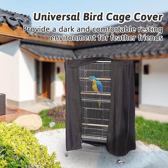 Fhiny Bird Cage Cover, 33.8”L×24”W×46.8”H Water-Proof Good Night Black-Out Birdcage Cover Durable Washable Windproof Cage Accessories for Parrot Parakeet Small Animal Sleeping