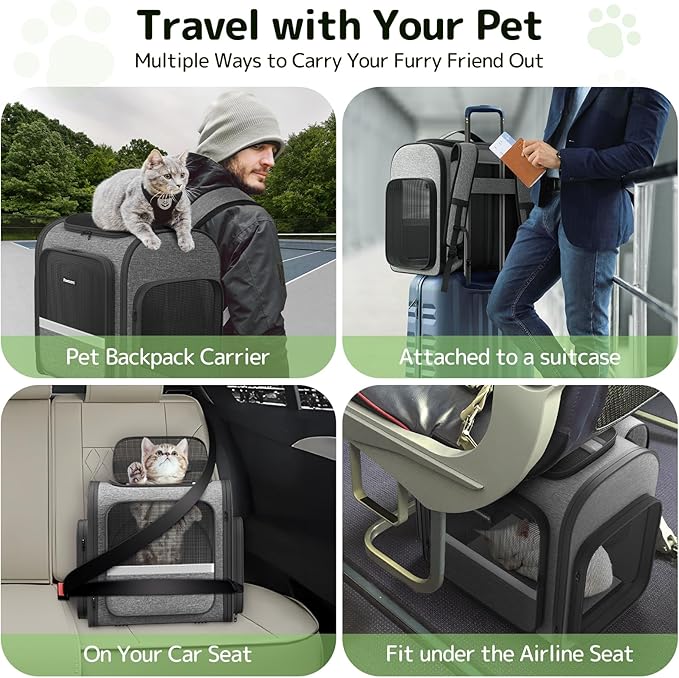 Cat Backpack with Detachable Play Tunnel, 2 in 1 Cat Tunnel Backpack Suitable for Carrying & Playing, Expandable Dog Backpack for Small Medium Kitten Puppy, Suitable for Travel Hiking Camping