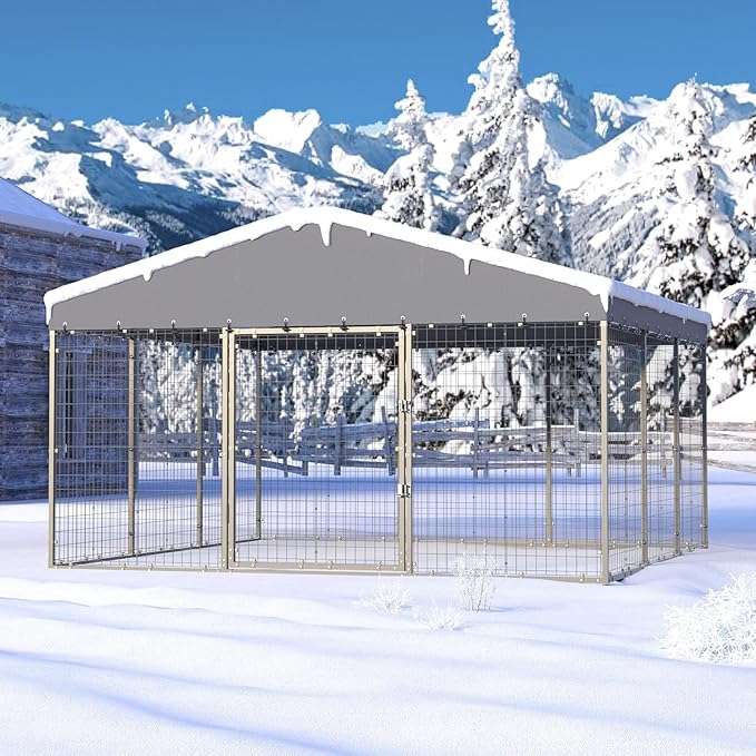 Kullavik 10x10x6 FT Large Outdoor Dog Kennel,Anti-Rust Galvanized Steel Dog Pen with Double Locks,Heavy Duty Dog Enclosure Fence with UV & Water Resistant Roof Cover for Outside