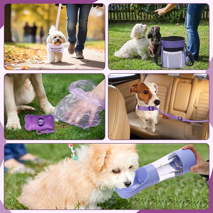 Abbylike 50 Pcs Puppy Supplies Starter Kit for Small Dogs Puppy Essentials Includes Leash, Bowls, Teeth Brushes, Water Bottle, and More Accessories for Dogs Pet Day Welcome Gift(Purple)
