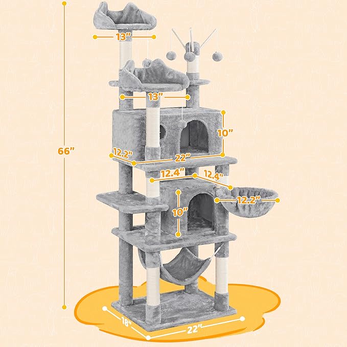 Yaheetech Cat Tree, 67in Large Tower w/ 3 Removable Teaser Sticks, 2 Kitten-Ear Shaped Perches, 2 Condos, Hammock, Scratching Post, Multi Level Pet House, Light Gray