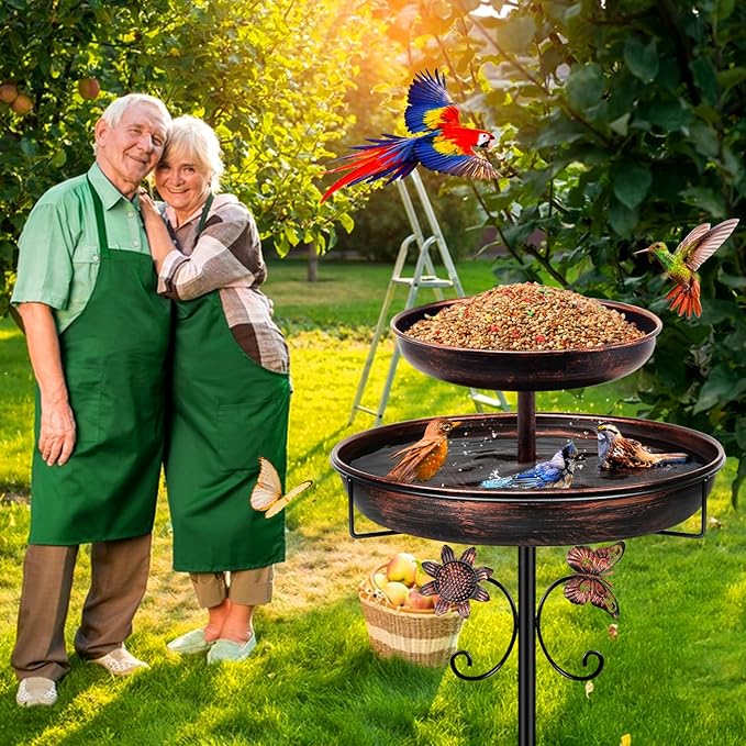 Daoeny Bird Bath for Outside, 42In Vintage Freestanding Birdbaths for Outdoors, Double Metal Bird Bath Feeder Bowls for Garden Patio Yard Lawn Decor, Upgraded 5-Pronged Base (Antique Bronze)