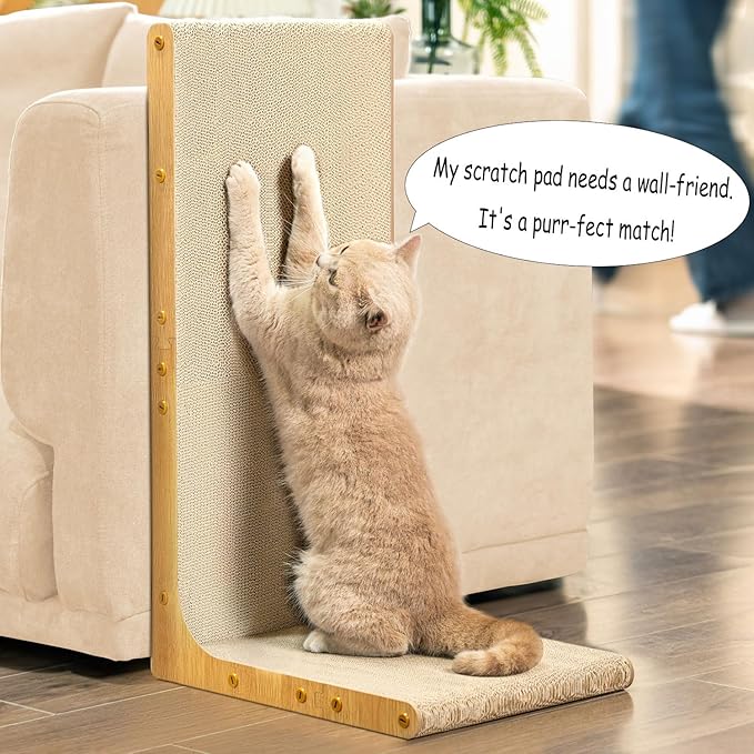 Cardboard Cat Scratcher,26 Inch L Shape Scratch Pad Wall Mounted,Vertical Scratching Board, Durable Cardboard to Protect Furniture for Indoor Cats,Wood Grain Junbo