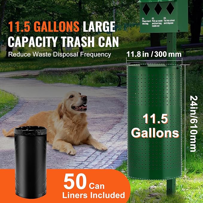 VEVOR Dog Waste Station with Hand Wash Bottle, 11.5 Gallons Pet Waste Bin with 50 Can Liners, Bag Dispenser & 600 Waste Bags, Outdoor Dog Waste Disposal System for Backyard
