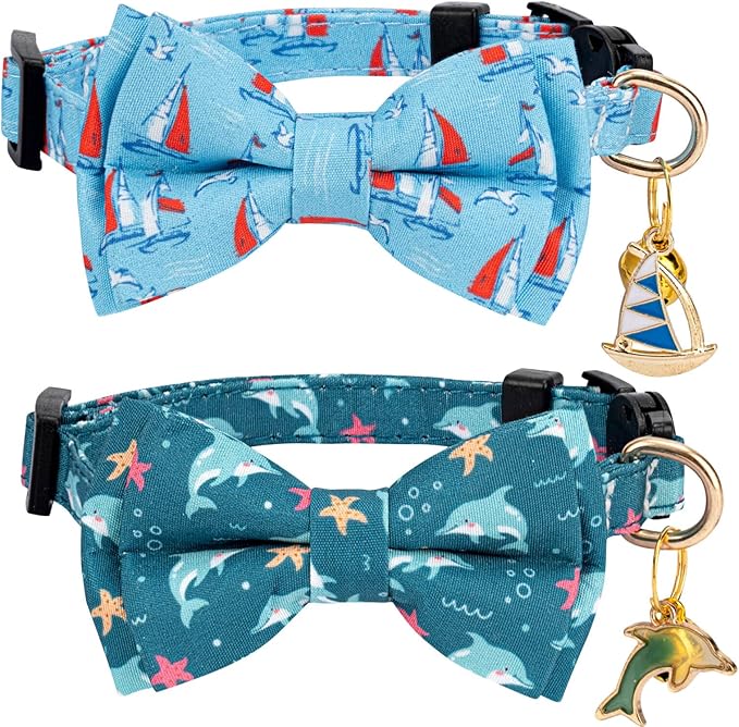 2 Pack Breakaway Cat Collar with Removable Bow Tie and Bell for Boy Girl Cats,Cute Cotton Kitten Collar with Purple Lavender and Red Flower Pattern for Female Male Cats (Dolphin&Sailboat)