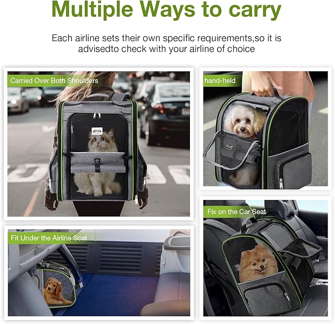 Lekebobor Large Cat Backpack Carrier Expandable Pet Carrier Backpack for Small Dogs Medium Cats Fit Up to 18 Lbs,Dogs Foldable Puppy Backpack Carrier for Travel, Hiking,Grey with Green Edge, XL