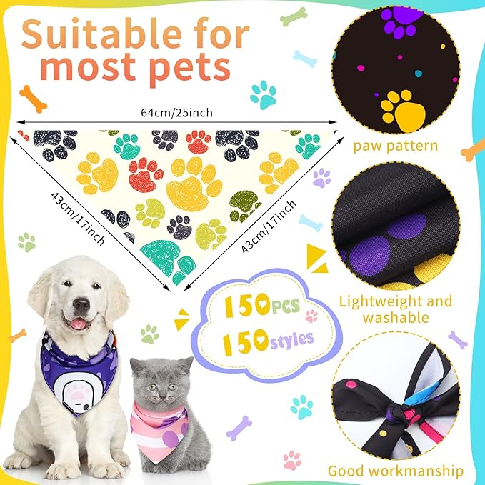 150 Pcs Paw Dog Bandanas Bulk Pet Bibs Colorful Triangle Scarf Pet Paw Bandanas for Medium Large Dogs Spring Summer Birthday Costume Decoration
