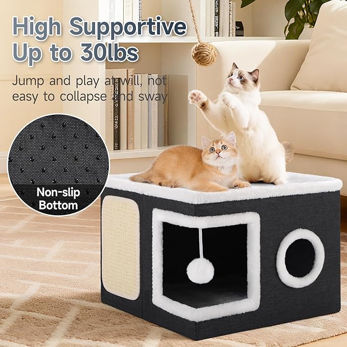 Shikha Cat Beds for Indoor Cats, Large Cat Cave with Cozy Condo, Fluffy Ball, Round Window, Foldable Indoor Cat House Hold Up to 30LBS, Cat Hideaway with Reversible Cushions for All Seasons, Black