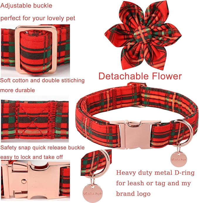 Christmas Dog Collar with Flower, Cotton Christmas Plaid Collar for Medium Girl Boy Dog,Red &Green Plaid Dog Collar Bowtie with Durable Metal Buckle,Adorable Pet Collar,M,Neck 13.5-22in