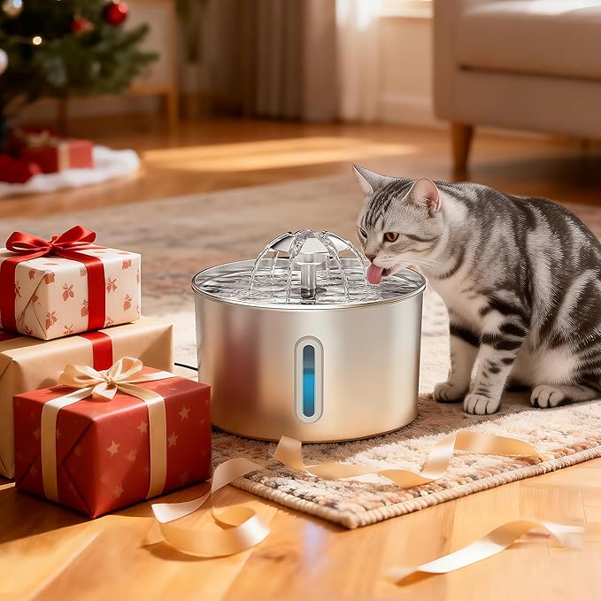 Cat Water Fountain Stainless Steel - 74oz/2.2L Pet Gift Dog Water Dispenser Automatic Silent Cats Dispenser for Drinking Indoor Metal Kitty Spout Fountains with 3 Filters & 3 Sponges Cat Dogs Gifts