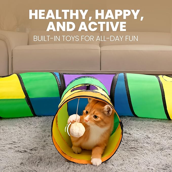 Genius Cat Tunnels for Indoor Cats - Large Customizable 5-Way Tunnel Tube System with Hanging Toys, Storage Bag, Tear-Resistant & Collapsible Play Center for Kittens, Small Dogs, & Rabbits