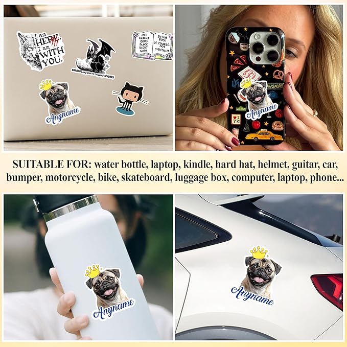Custom Pet Name Sticker Personalized Text Face Photo Crown King Queen Animal Lovers Decal Waterproof Die Cut Vinyl & Transparent DTF Decal for Laptop Helmet Car Cup Phone Tablet for Male Female