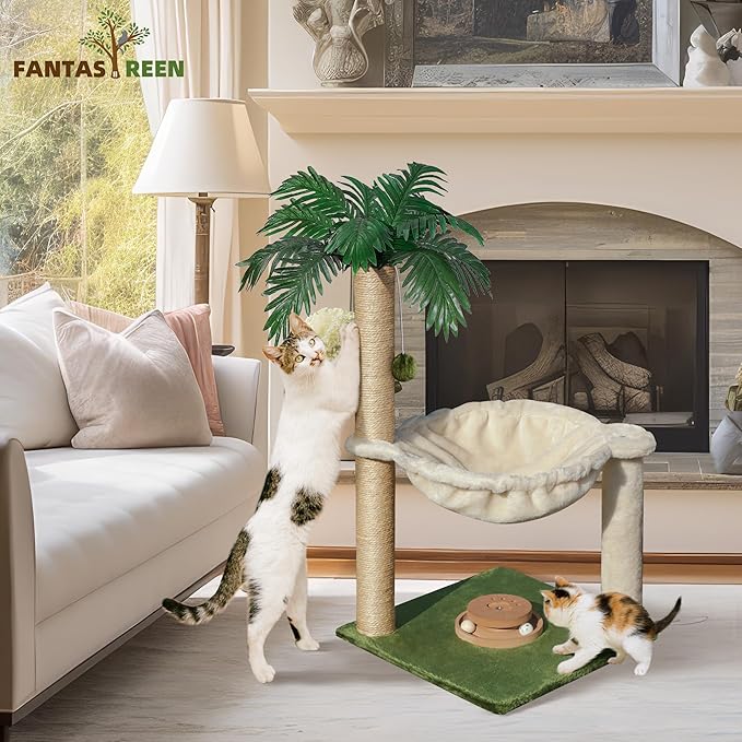 Fantasreen Cat Scratching Post 28 Inches Small Cat Tree Tower with Hammock, Cat Toy Wooden Interactive Condo for Kitten and Adults Cat