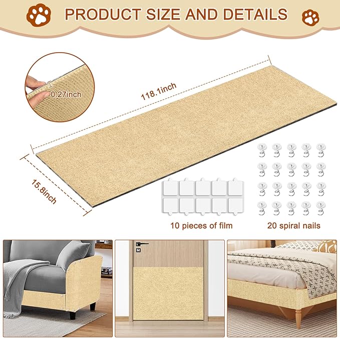 Cat Scratch Mat,118.5"x15.9" Trimmable Self-Adhesive Cats Scratch Carpet,Couch Protector from Cats Claw, Cat Scratch Furniture Protector, Indoor Furniture Protection for Chair, Wall, Sofa (Beige)