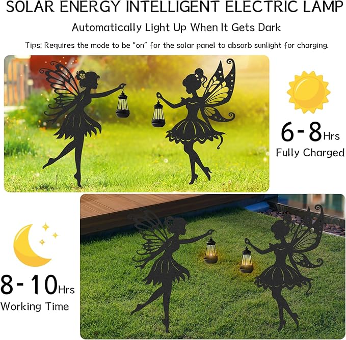 Fairy Garden Decor for Outside - 2 Pcs Metal Yard Stakes with Solar Lights Lawn Pathway Patio Backyard Decorations Statues Outdoor Silhouette Ornaments Birthday Gifts for Women Girls Mom