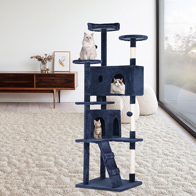 70 Inch Navy Blue Cat Tree, Tall Cat Tower with 2 Condos, 3 Scratching Posts, Multi-Level Platforms - Sturdy Climbing Structure Tall Cat Tower for Indoor Cats