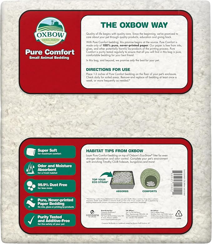Oxbow Pure Comfort Bedding, Rabbit, Hamster, & Guinea Pig Bedding, Bunny Supplies for Litter Box, Pet Safe, Low Dust, White Paper, 72 Liter Bag