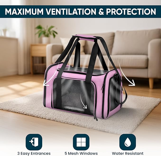 Pet Travel Carrier Bag – Airline Approved Soft-Sided Dog & Cat Carrier, Foldable, Breathable Mesh, Washable Pad – Fits Pets up to 15 lbs – The Pup Quartet (Pink)