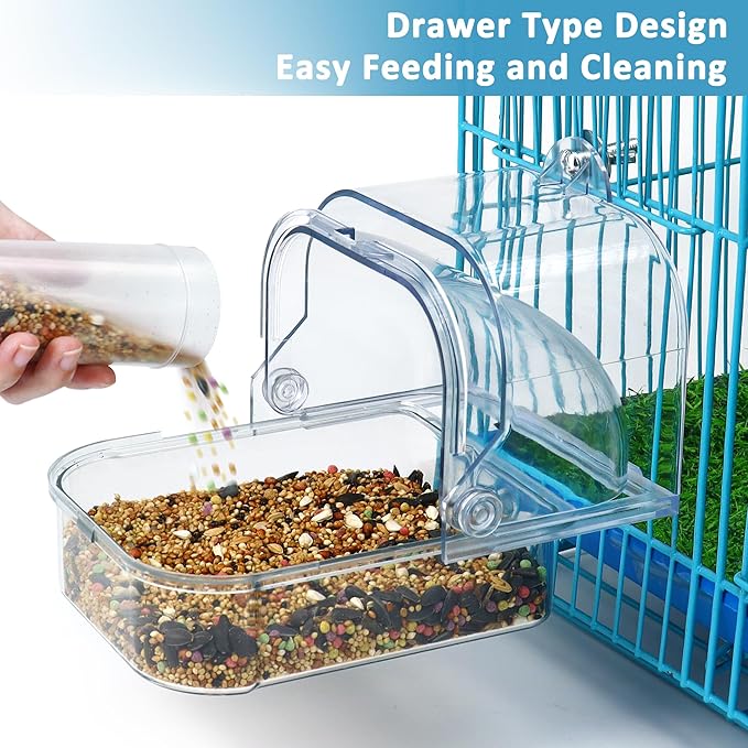 Bird Bath for Cage, Clear Birds Bathtub with Hanging Hooks, Upgraded Bird Bath Box for Cage Accessory Small Birds Parrots Cockatiel Budgies Shower Food Feeder Holder (Large)