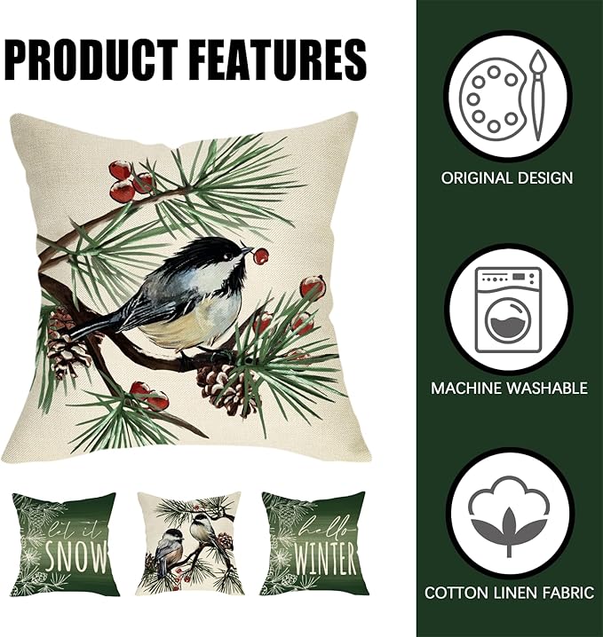Fahrendom Hello Winter Green Decorative Throw Pillow Covers 18 x 18 Set of 4, Chickadee Pine Needle Branch Porch Patio Outdoor Pillowcase, Christmas Pine Cone Red Berry Sofa Cushion Case Home Decor