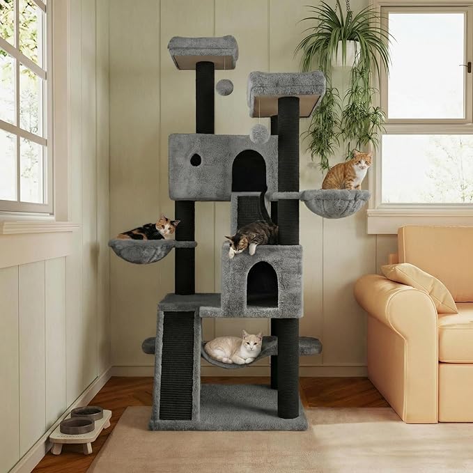 MUTICOR 66 Inches Multi-Level Large Cat Tree Tower for Indoor Big Feline/Cozy Plush Perches/Condo/Sisal Scratching Posts/Hammock and Baskets/Activity Center Play House/Wide Base/Black & Grey