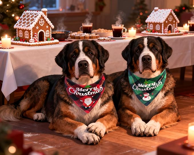 Christmas Dog Bandanas Classic Plaid Triangle Holiday Scarf with Santa and Snowman Print,Winter Pet Outfit for Boy and Girl Dogs,Red Green Plaid Dog Costume for Medium to Large Dogs