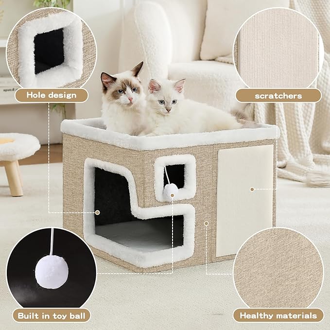 Cat Houses for Indoor Cats, Covered Cat Cave Bed with Scratch Pad and Fluffy Ball, Foldable Cat Hideaway Condo for Large Cats, Modern Kitten Bed,16.5x16.5x13 inches (Khaki‌, L)