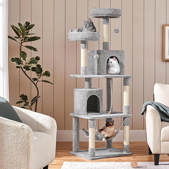 Yaheetech Cat Tree Tower, 70.5in Multi Level Cat Tree Kitten Condo with 2 Condos & 2 Plush Perches & Scratching Post & Dangling Ball, Cat Tower Furniture for Play & Rest Light Gray
