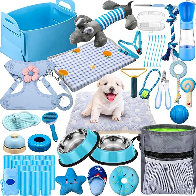 Abbylike 50 Pcs Puppy Supplies Starter Kit for Small Dogs Puppy Essentials Includes Leash, Bowls, Teeth Brushes, Water Bottle, and More Accessories for Dogs Pet Day Welcome Gift(Blue)