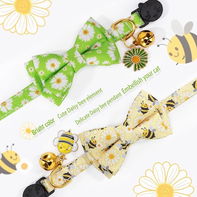 Breakaway Cat Collar with Cute Bow Tie Bell 2Pack Daisy Bee Pattern for Male Female Soft Cotton Kitty Kitten Cute Summer Spring Collar Ideal for Girl Boy Male Cats
