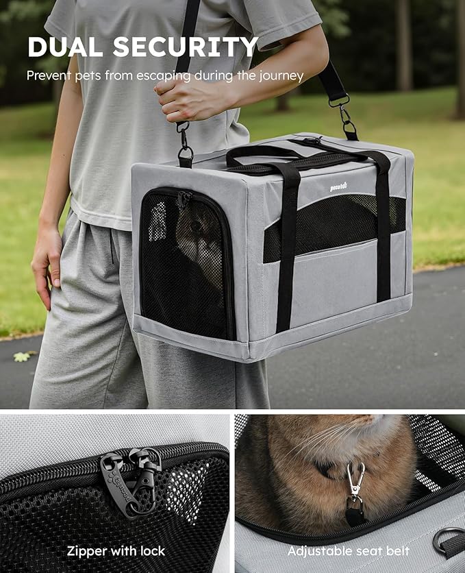Pecute Cat Carrier Stable, Pet Carrier with Hidden Anxiety Relief Partition & Stable Steel Frame, Safe Cat Carrier for Car Travel, Soft-Sided Dog/Cat Carrier Bag for Pets Up to 11lbs, Gray