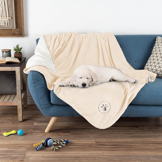 Waterproof Pet Blanket - 50x60-Inch Reversible Sherpa Fleece Throw Protects Couches, Cars, and Beds from Spills, Stains, and Fur by PETMAKER (Cream)