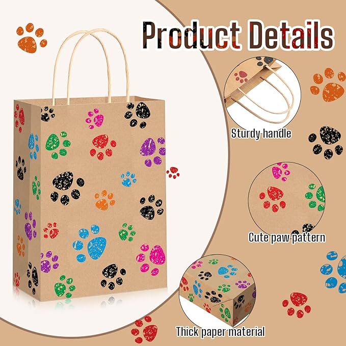 Blulu 20 Pcs Puppy Dog Paw Gift Bags with Paper Twist Handles, Dog Gift Paper Paw Treat Goodie Bags for PET Treat Party Favor, 6.3 x 3.1 x 8.6 Inch(Kraft Backing)