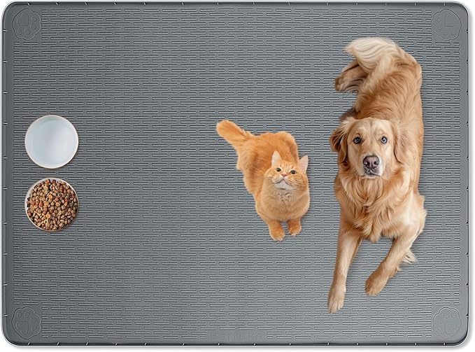 Cat Food Mat, 50" x 35" Extra Large Silicone Pet Feeding Mat with Raised Edge Pet Placemat for Food and Water Bowl Non-Slip, Easy to Clean, Floor Protection (Dark Grey)