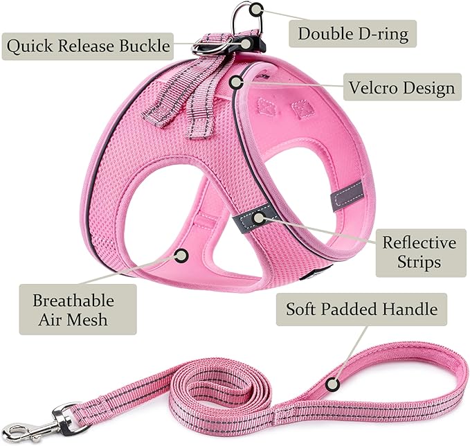 BOOMIBOO Dog Harness with Leash Set, No Pull Adjustable Reflective Step-in Puppy Pet Vest Harnesses for Small Medium Large Dogs and Cats,Pink XXS