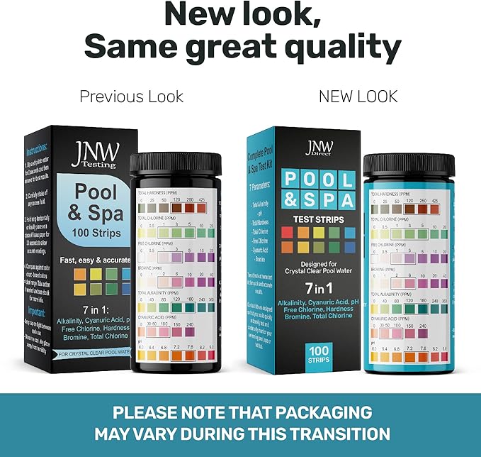 JNW 7-in-1 Pool Test Strips, 100 Quick & Accurate Test Strips for Pool Water, Spa Test Strips for Hot Tub, Chlorine Test Strips, Bromine, pH, Alkalinity, Hardness & More - Swimming Pool Test Kit