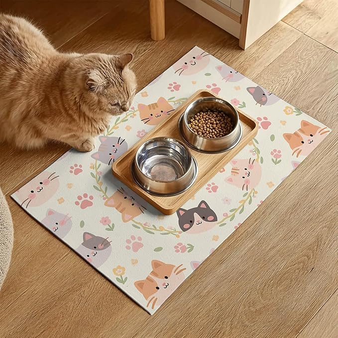 Cat Feeding Mat 24x16 inch Floral Ring Kitten Print Pet Bowl Placemat Non Slip Floor Mat for Food and Water Indoor Kitty Feeding Station Cute Meal Pad for Small Pets Kitchen Use
