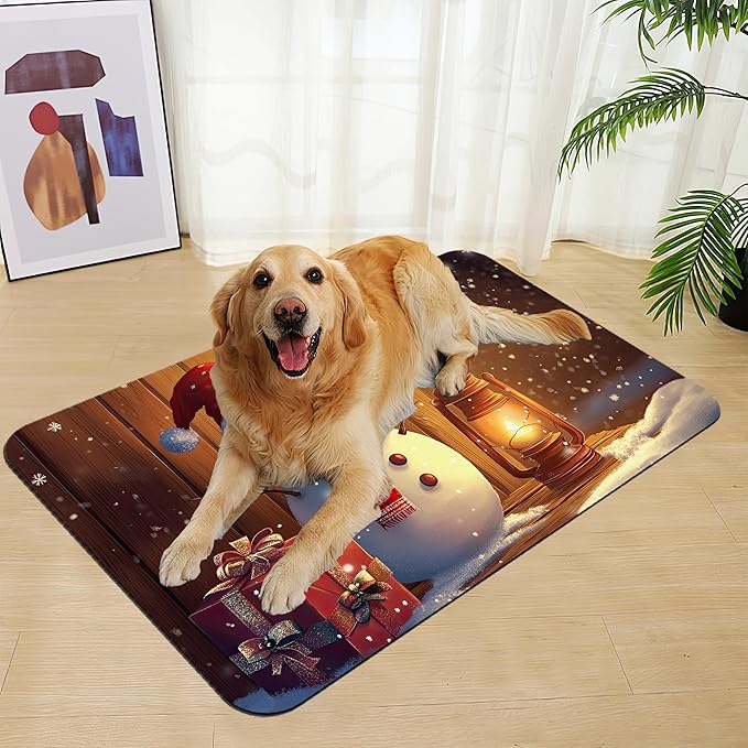 Chirstmas Gifts Dog Cat Food Mat,Cute Snowman Absorbent Waterproof Placemat for Food and Water Bowls, Non Slip Rubber Backing, Feeding Mat for Clean Floors 12"x20"