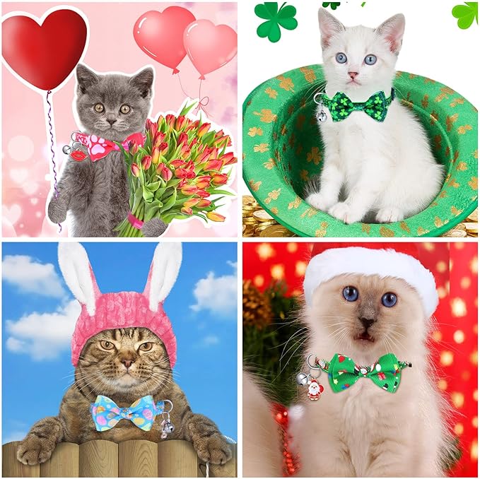 Kacctyen 18 Pcs St. Patrick's Day Cat Collars Bulk Holiday Cat Collars with Bow Tie 4th of July Patriotic Decoration Kitty Breakaway Adjustable Pet Kitten Bowtie Decor(Medium)