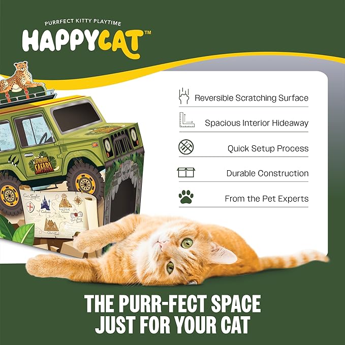 HappyCat Safari Truck Cat Scratcher House - Adventure-Themed Cardboard Cat Playhouse with Scratch Panels & Interior Space - Jungle Truck Theme Cat Activity Center